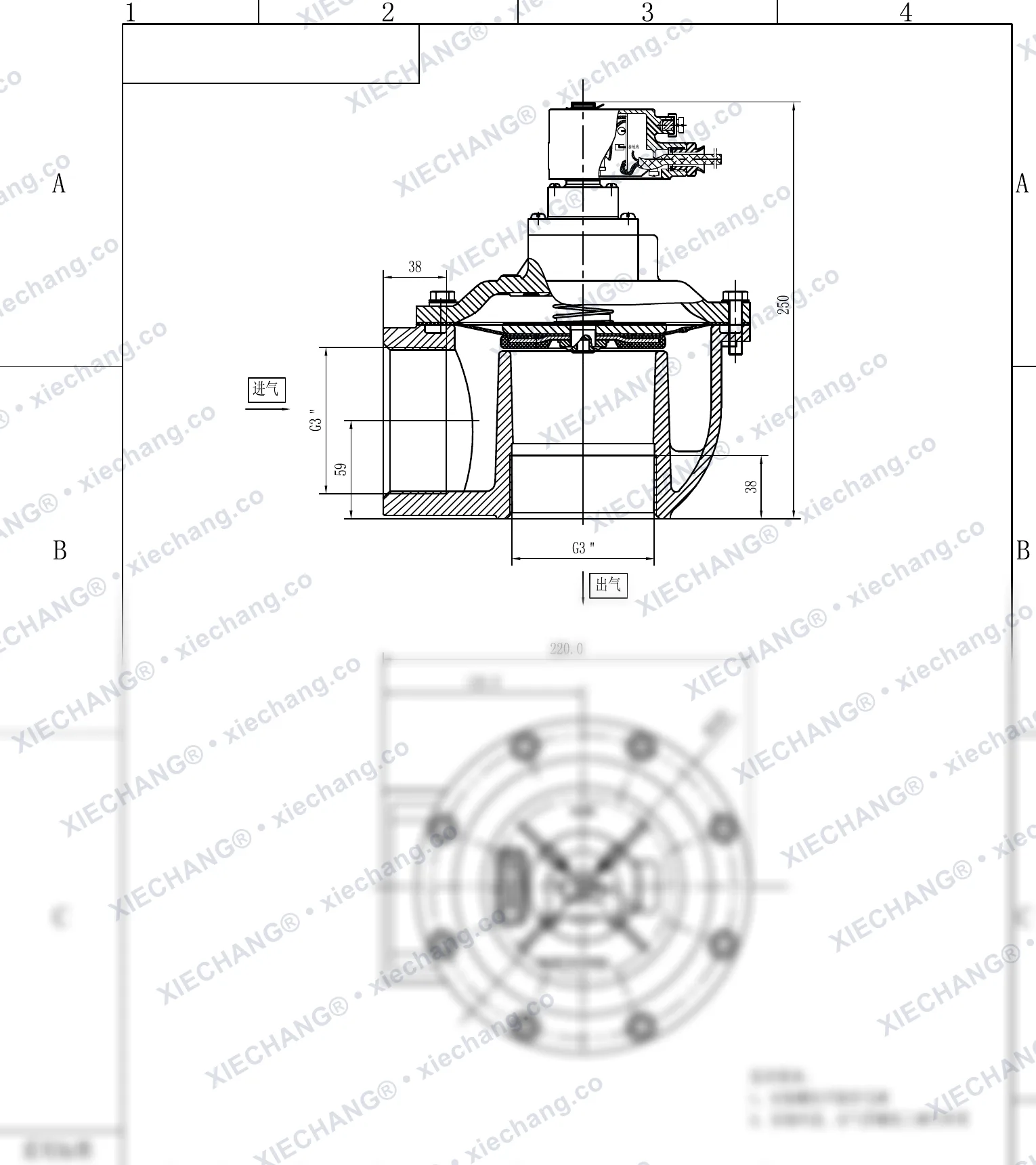 DCF-F-Z-76S · 3" (DN76) · patlamaya dayanıklı dik açılı darbeli valf — Montaj Çizimi
